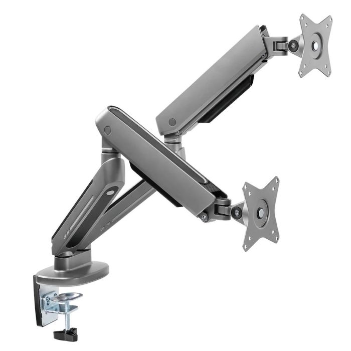 Space gray Ranqer Monitor Arm Dual RGB monitorarm met twee gasveerarmen, VESA-platen en bureauklem