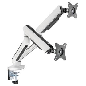Witte Ranqer Monitor Arm Dual RGB met twee gasveerarmen gekruist op verschillende hoogtes en zwarte VESA-platen